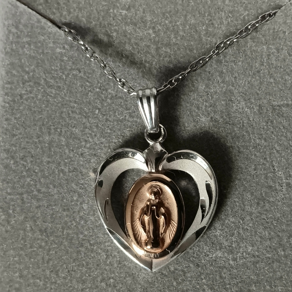Vintage Sterling Silver & 14KT Gold Mother Mary Heart Pendant Necklace 10"